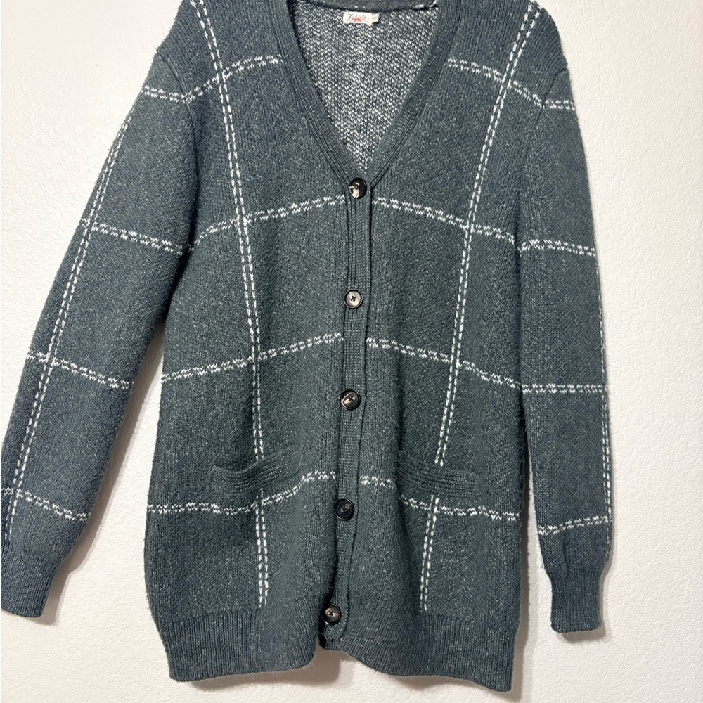 Faherty Charcoal Gray Windowpane Boyfriend Soft Chunky Heavyweight Cardigan. M